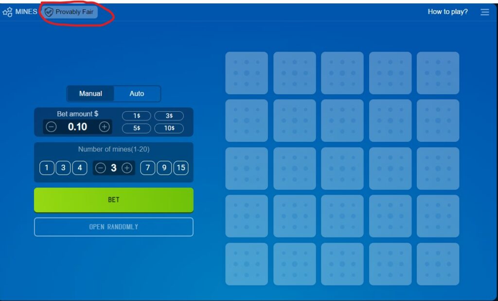 la mention provably fair sur le mini jeu mines