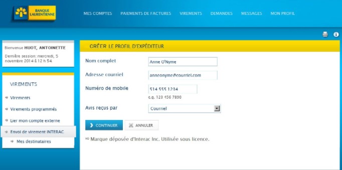 L'interface d'interac en ligne