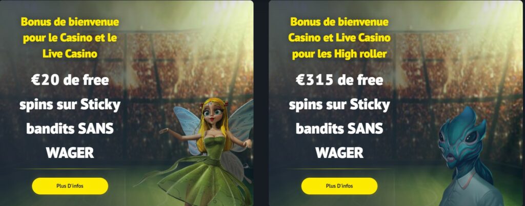 il existe deux offres de bonus sans wager sur yonibet