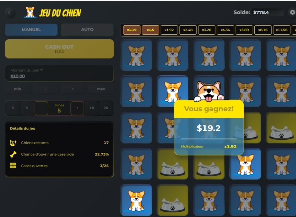 la strategie pour le jeu du chien est d'encaisser regulierement des petits gains