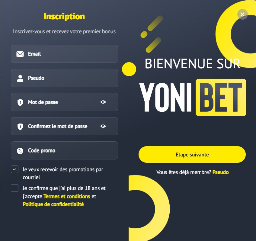 le formulaire d'inscription de yonibet est classique