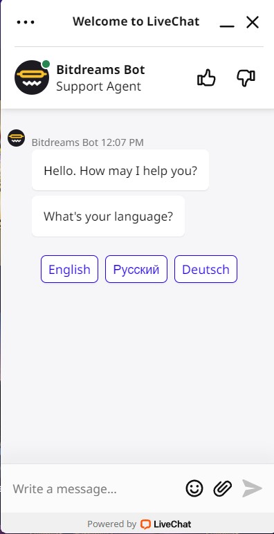 le service client de bitdreams est ouvert 24h sur 24 par tchat