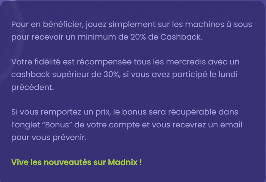 le bonus cashback de madnix