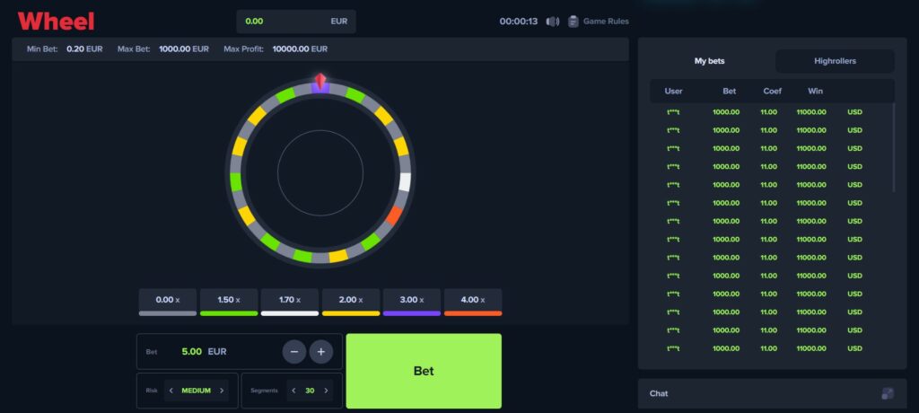 les derniers gains sur wheel sont affiches et vous trouverez un chat en bas de l'écran