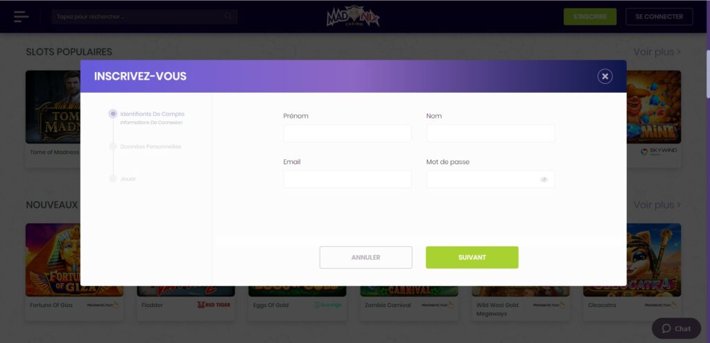 s'inscrire sur madnix casino se fait en quelques clics