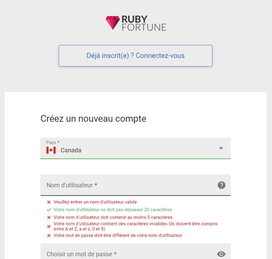 l'inscription sur ruby fortune rappelle celle d'autres casino