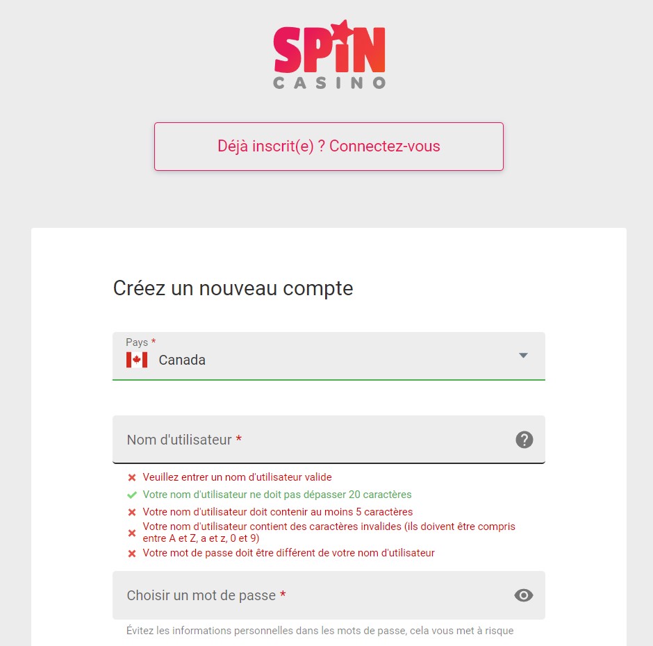 s'inscrire sur spin casino est un processus un peu long mais simple