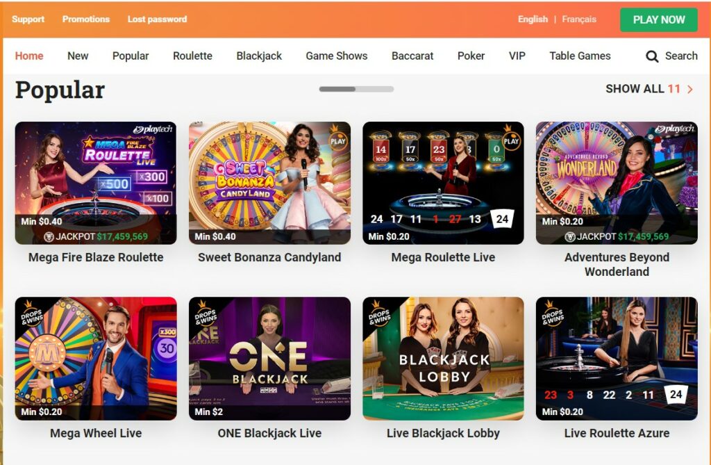 la selection de jeu de casino live comprends les principaux jeux