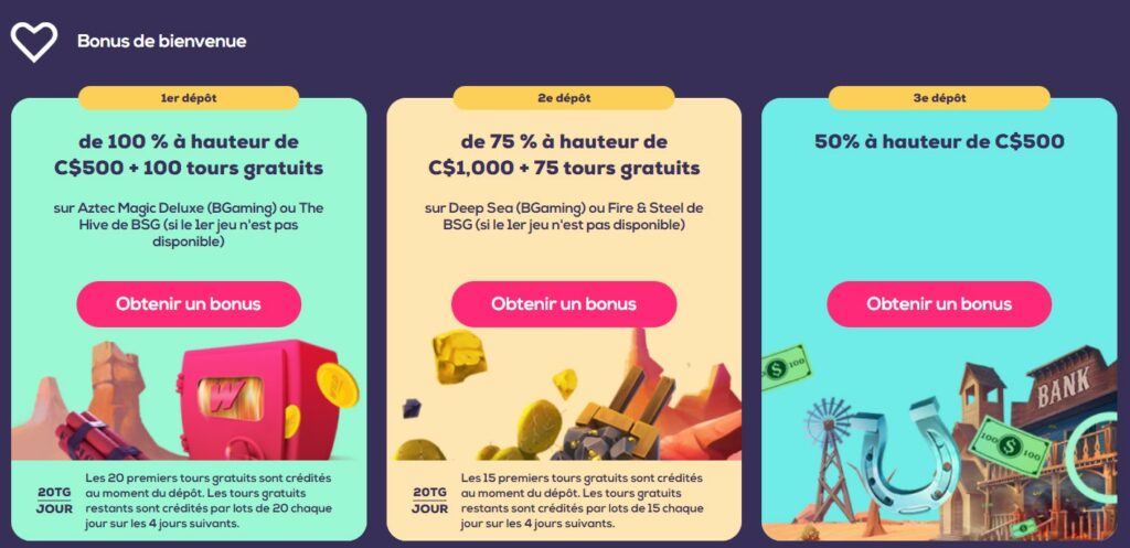 le bonus de bienvenue de wild casino est genereux avec 2000$ de prix