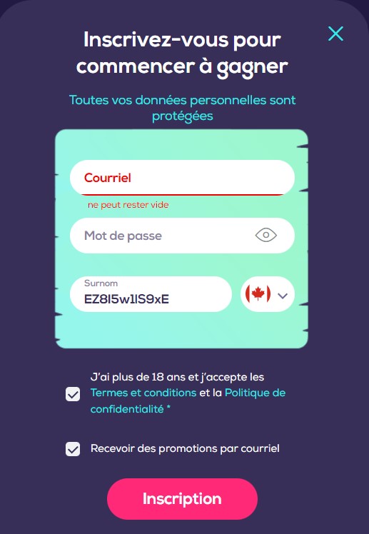 le popup d'inscription sur wild casino se trouve en haut a droite de l'ecran