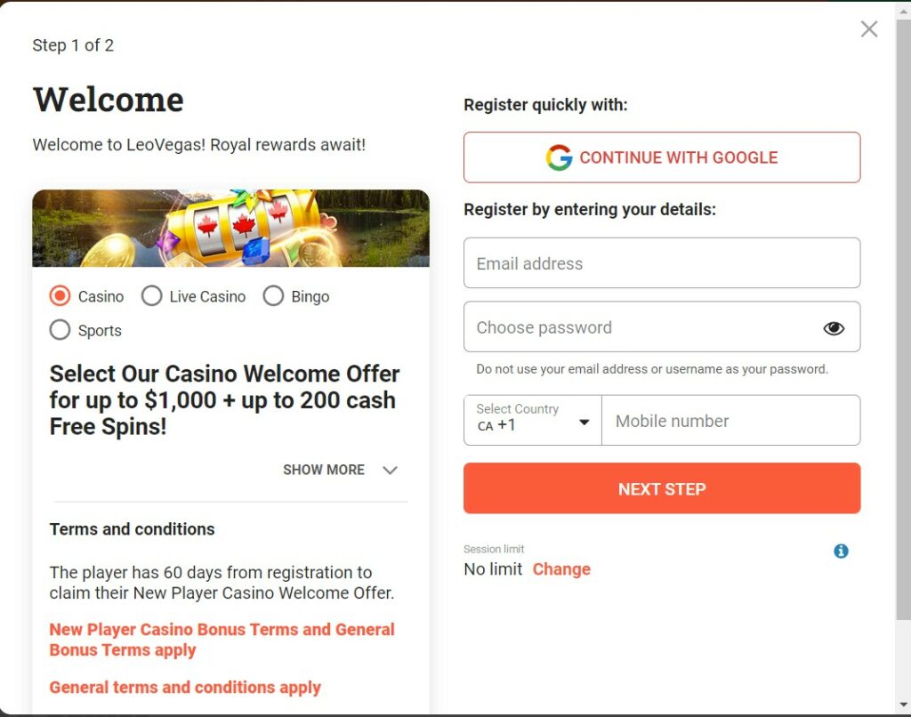 le processus d'inscription permet de profiter du bonus et possibilite de s'inscrire via Google