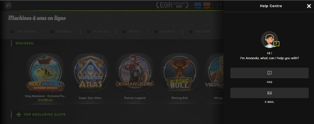 le service de support client s'obtient en cliquant sur la droite