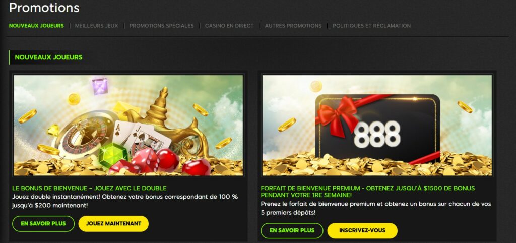 le systeme de promotion de 888 casino se compose d un bonus de bienvenue et de bonus spéciaux
