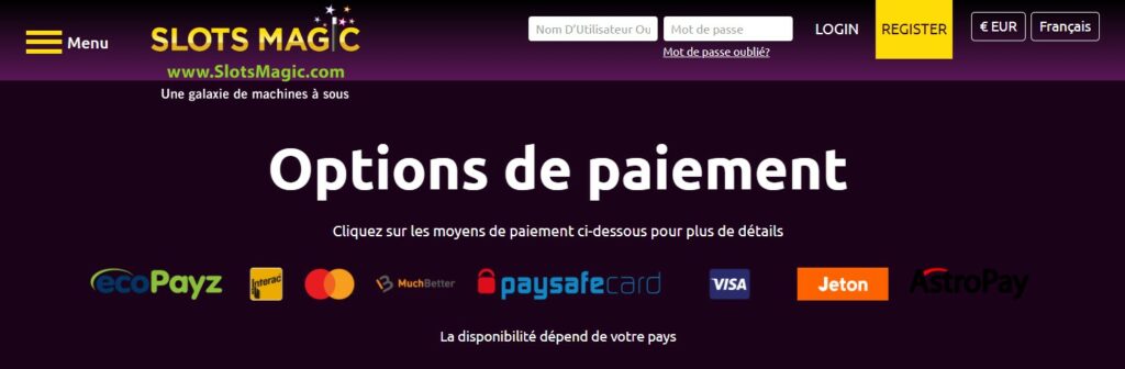 les moyens de paiement de Slots Magic