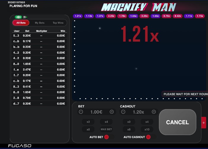 Magnify man est un crash game assez classique developpé par l'éditeur de slot Fugaso