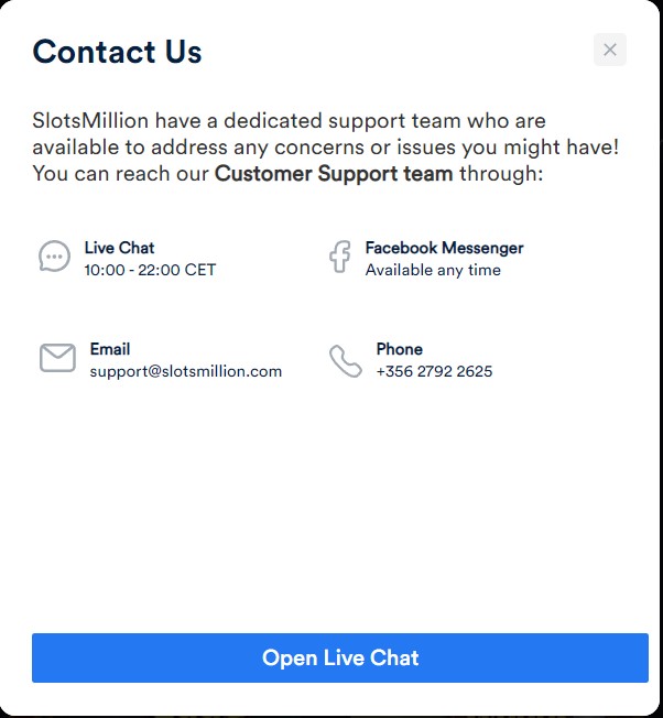 le support client de slots million est disponible via facebook ce qui est assez rare