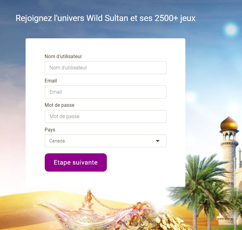 un processus d'inscription tres standard chez wild Sultan