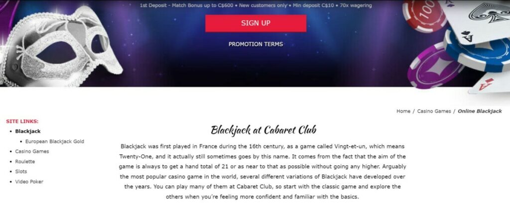 Le blackjack sur cabaret club