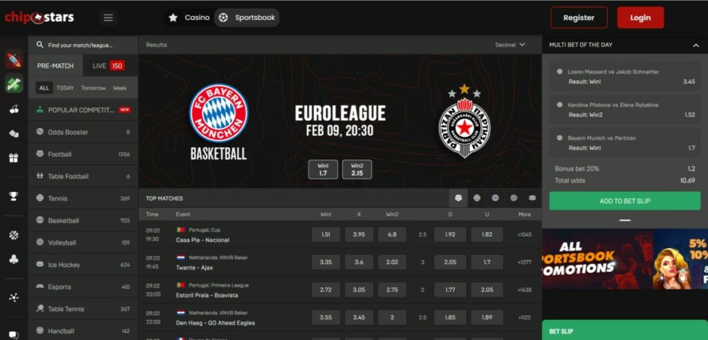 Interface du sportsbooks sur Chipstars casino