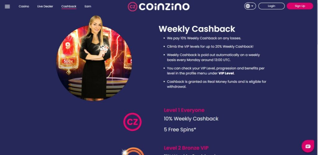 le cashback de coinzino se trouve sur la page dédiée