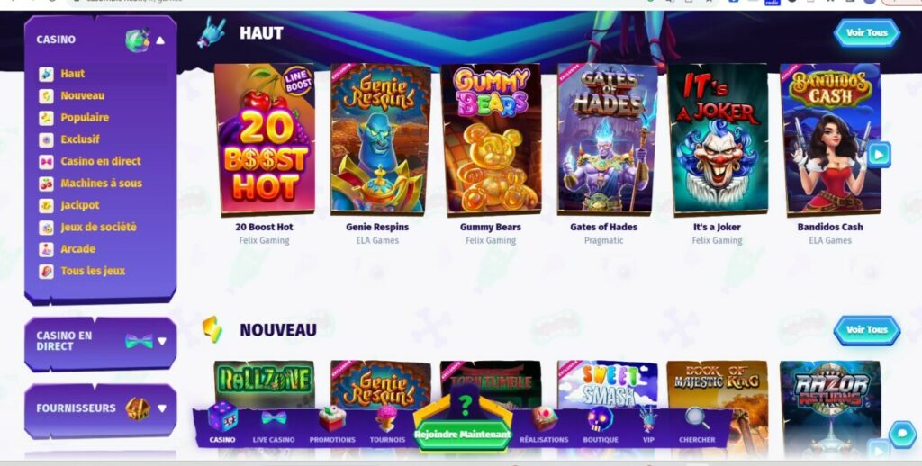 Menu des machines a sous sur casombie casino