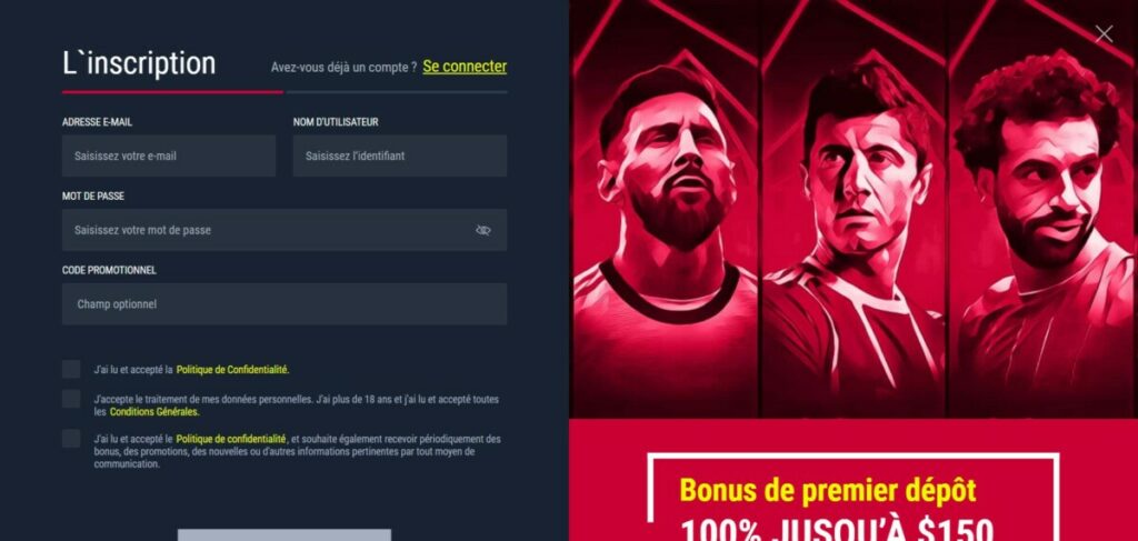 Page de creation de compte sur Rabona Casino