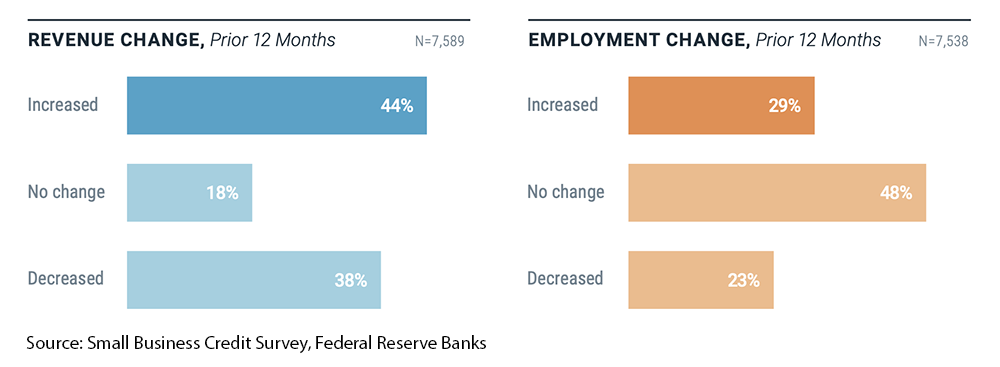 Chart comparing revenue and employment change for small businesses over the past year.